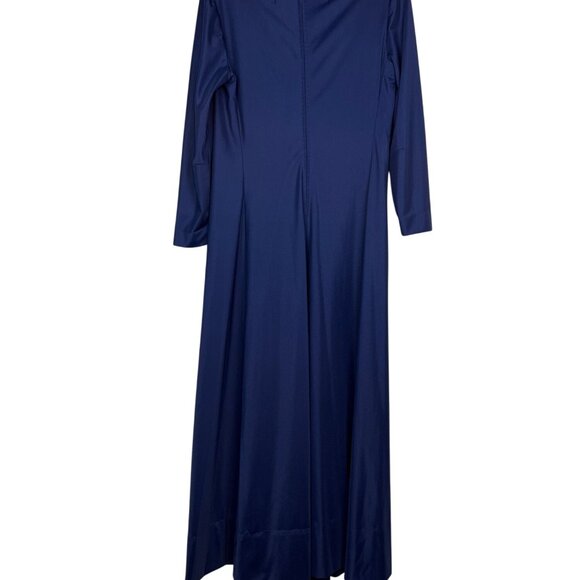 Vintage Navy Blue Evening Dress Rhinestone Buttons Long-Sleeves V-Neck Gathered - Picture 5 of 7